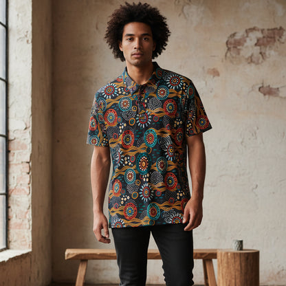 Unisex Tribal Print Polo Shirt — Colorful Aboriginal-Inspired Design