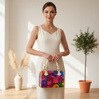 Classic Barrel-Shaped Handbag in PU Leather Featuring an All-Over Colorful Botanical and Ornithological Print Yoycol