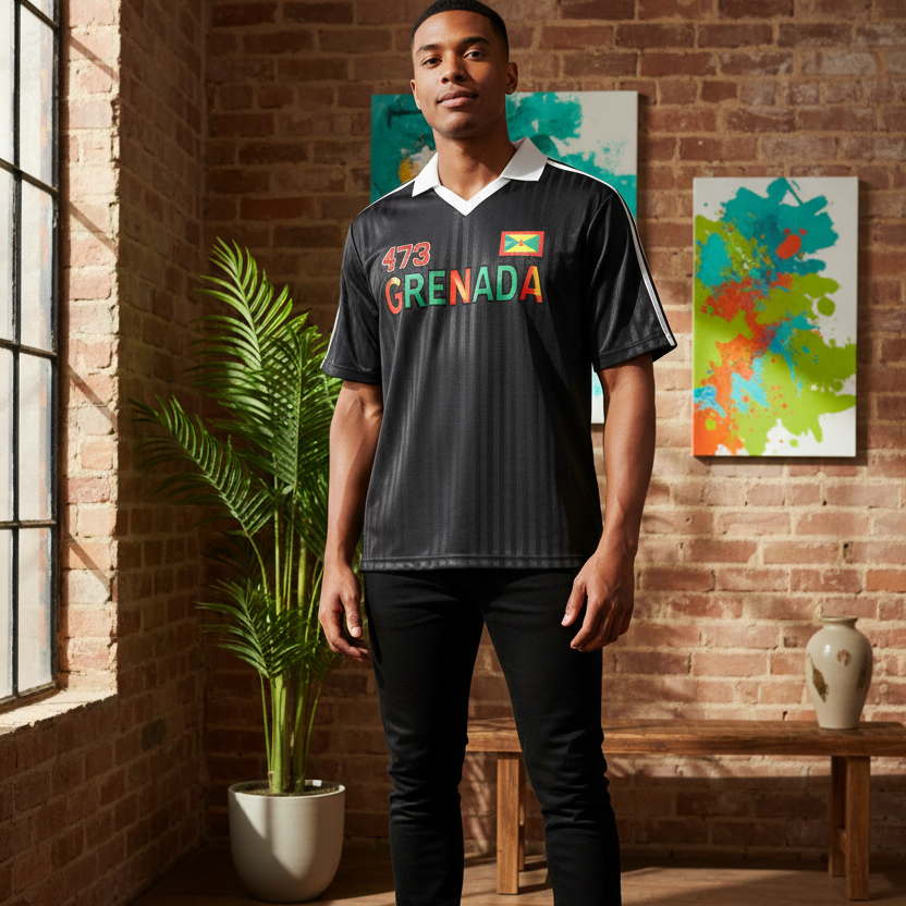 Grenada Flag Themed Graphic Collar Striped Soccer Jersey