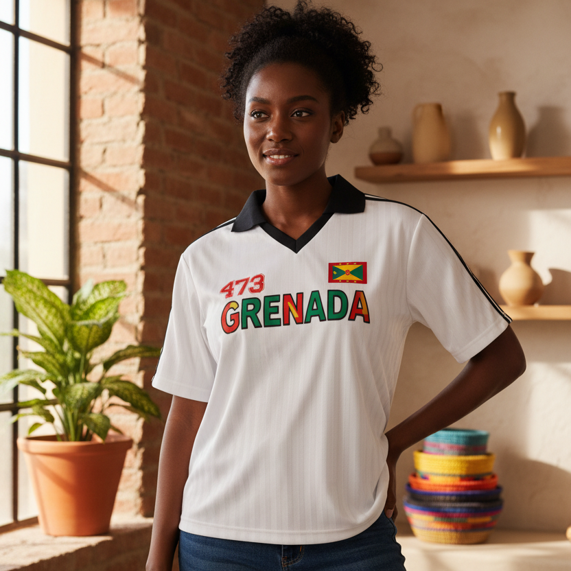 Grenada Flag Themed Graphic Collar Striped Soccer Jersey