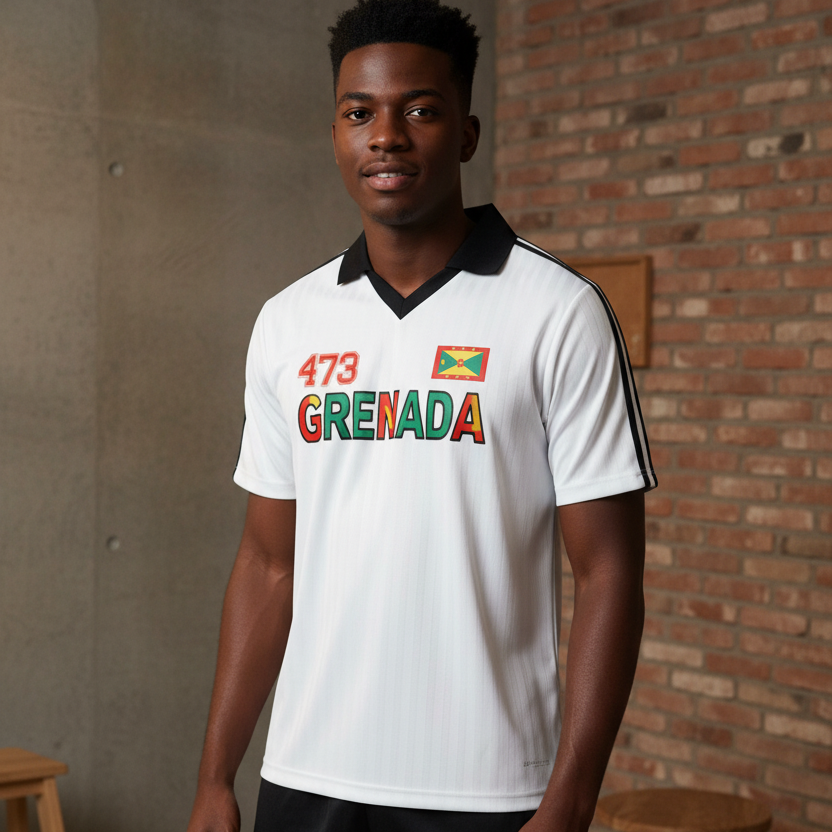 Grenada Flag Themed Graphic Collar Striped Soccer Jersey