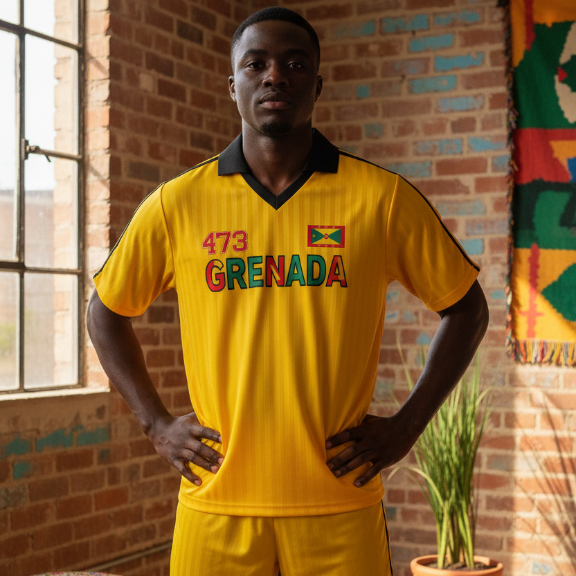 Grenada Flag Themed Graphic Collar Striped Soccer Jersey