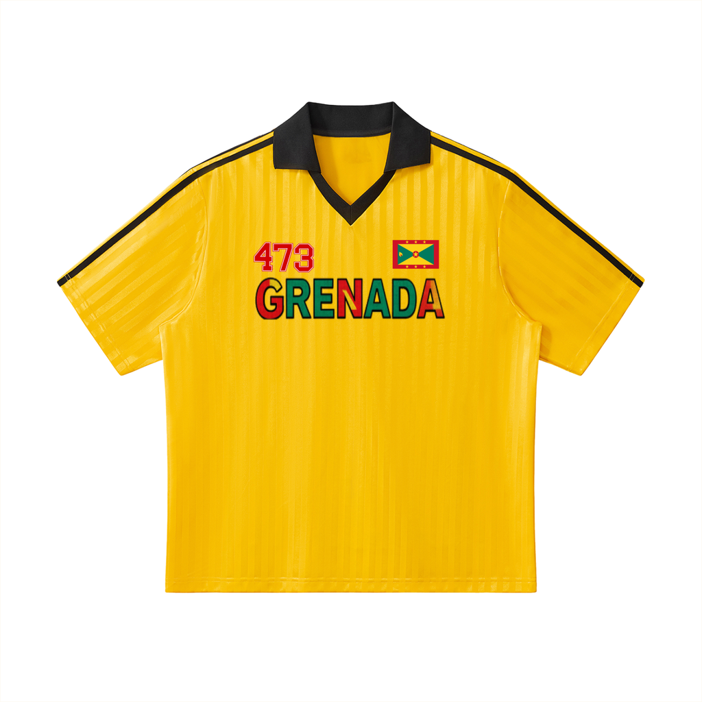 Grenada Flag Themed Graphic Collar Striped Soccer Jersey