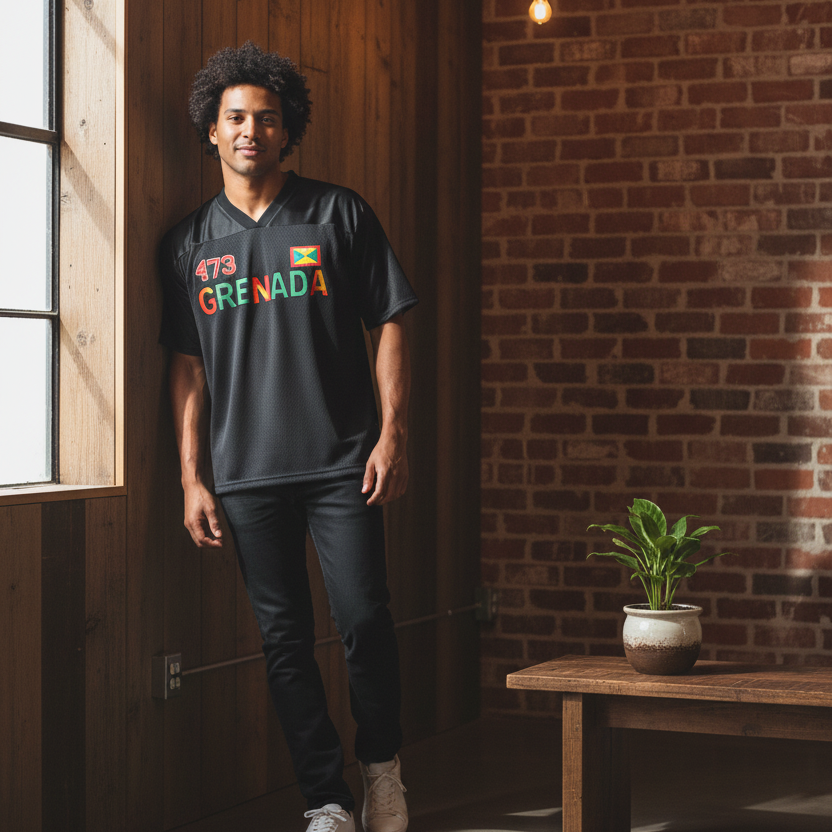 Grenada Flag Themed Graphic Mesh V-Neck Soccer Jersey