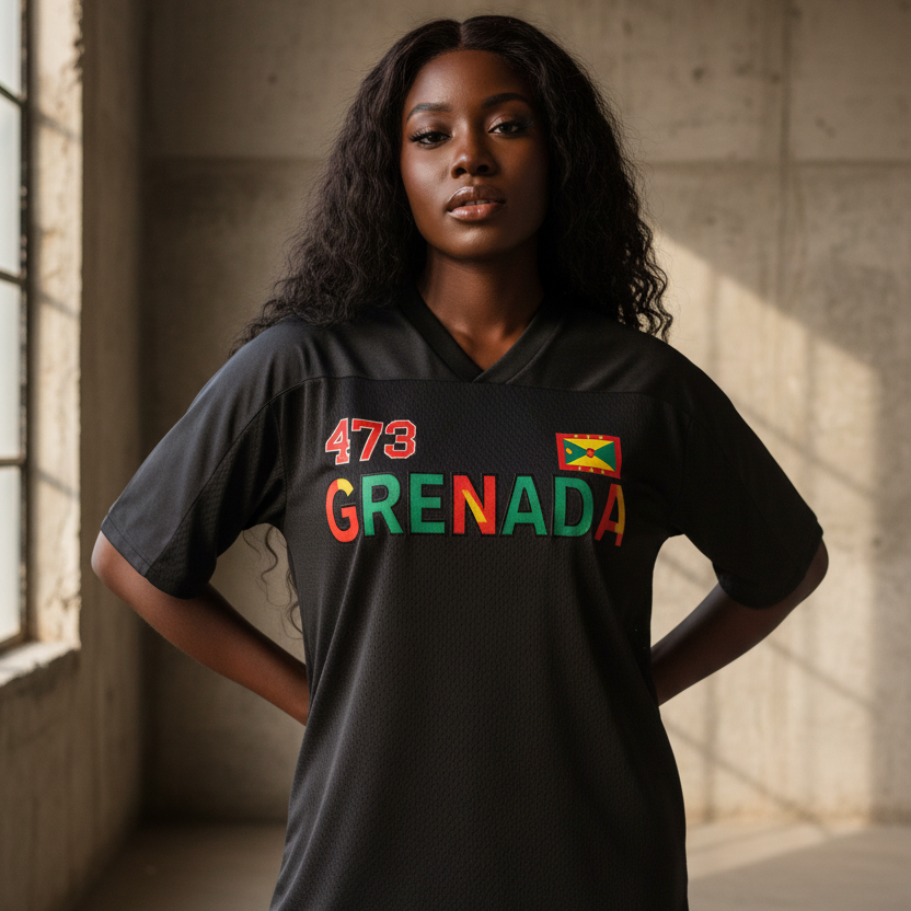 Grenada Flag Themed Graphic Mesh V-Neck Soccer Jersey