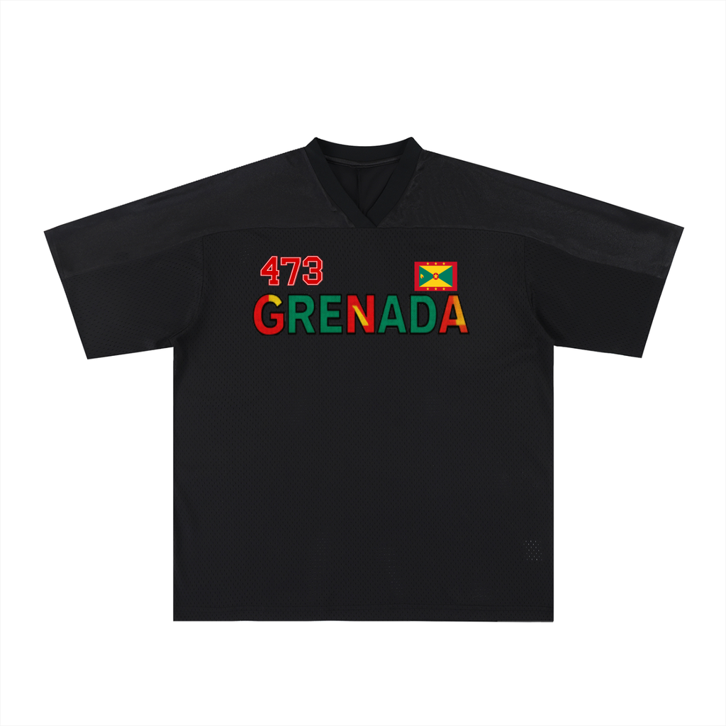 Grenada Flag Themed Graphic Mesh V-Neck Soccer Jersey