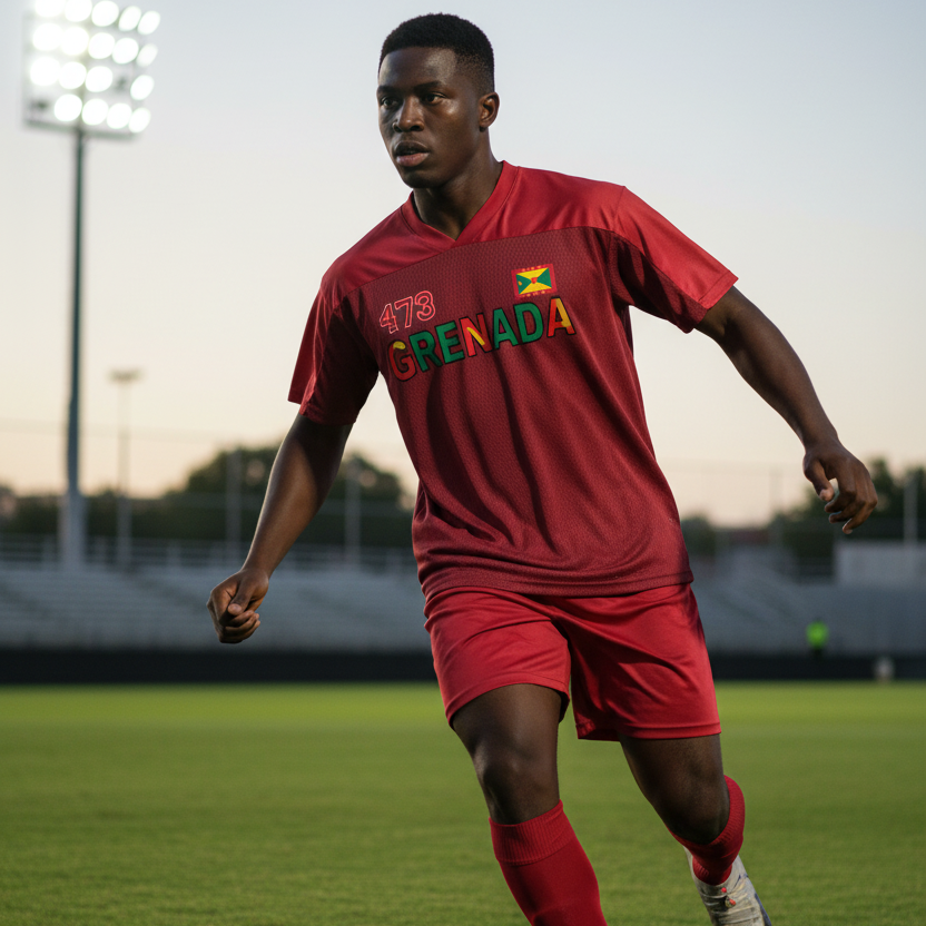 Grenada Flag Themed Graphic Mesh V-Neck Soccer Jersey