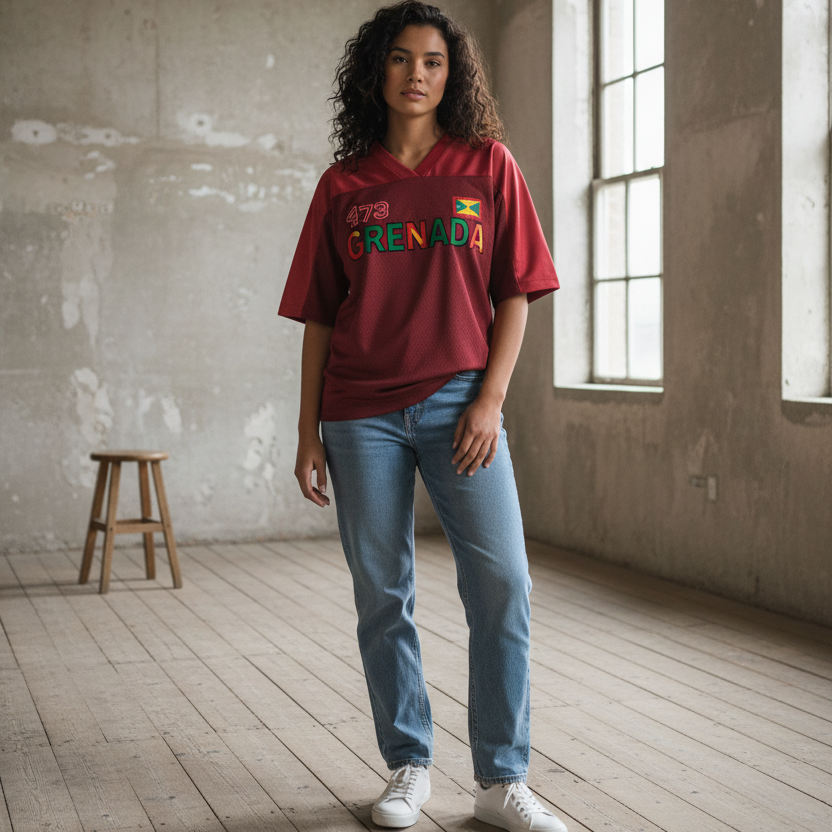 Grenada Flag Themed Graphic Mesh V-Neck Soccer Jersey