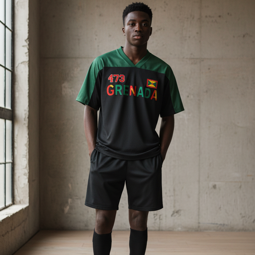 Grenada Flag Themed Graphic Mesh V-Neck Soccer Jersey