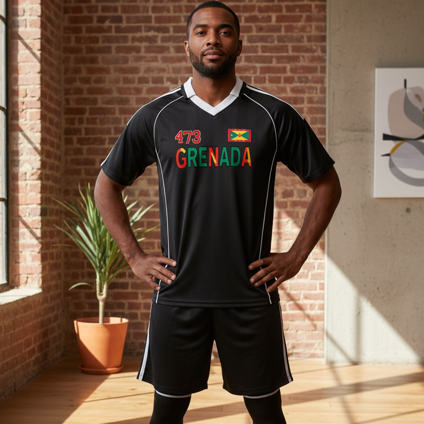 Grenada Flag Themed Graphic Stripe Collared Soccer Jersey