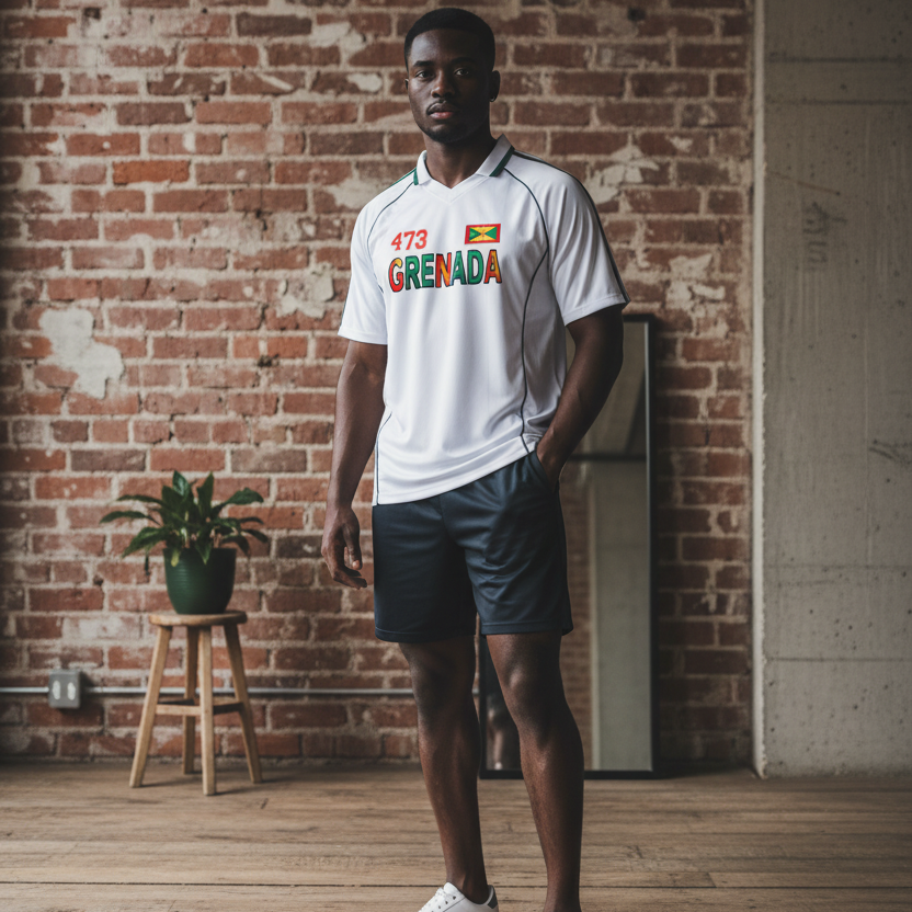 Grenada Flag Themed Graphic Stripe Collared Soccer Jersey