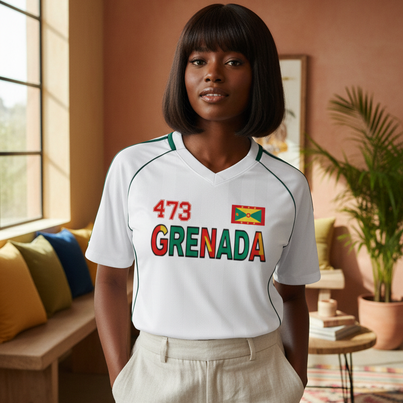 Grenada Flag Themed Graphic Stripe Collared Soccer Jersey