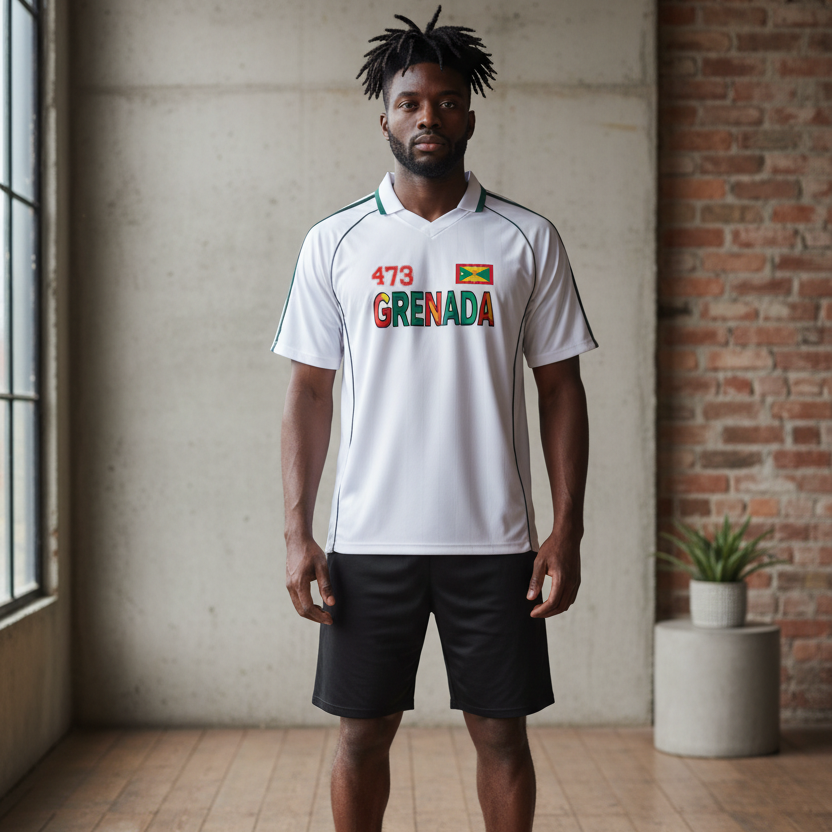 Grenada Flag Themed Graphic Stripe Collared Soccer Jersey