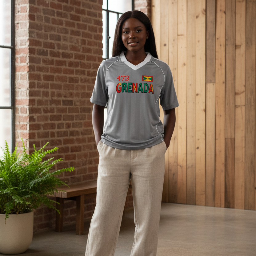 Grenada Flag Themed Graphic Stripe Collared Soccer Jersey