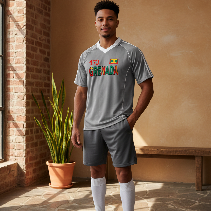 Grenada Flag Themed Graphic Stripe Collared Soccer Jersey