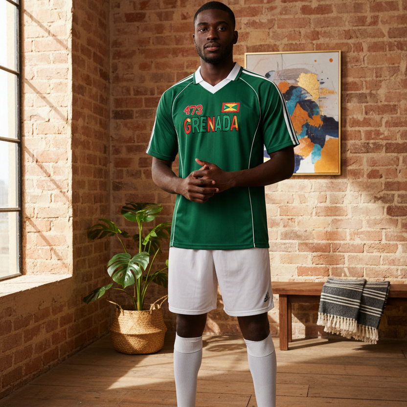 Grenada Flag Themed Graphic Stripe Collared Soccer Jersey