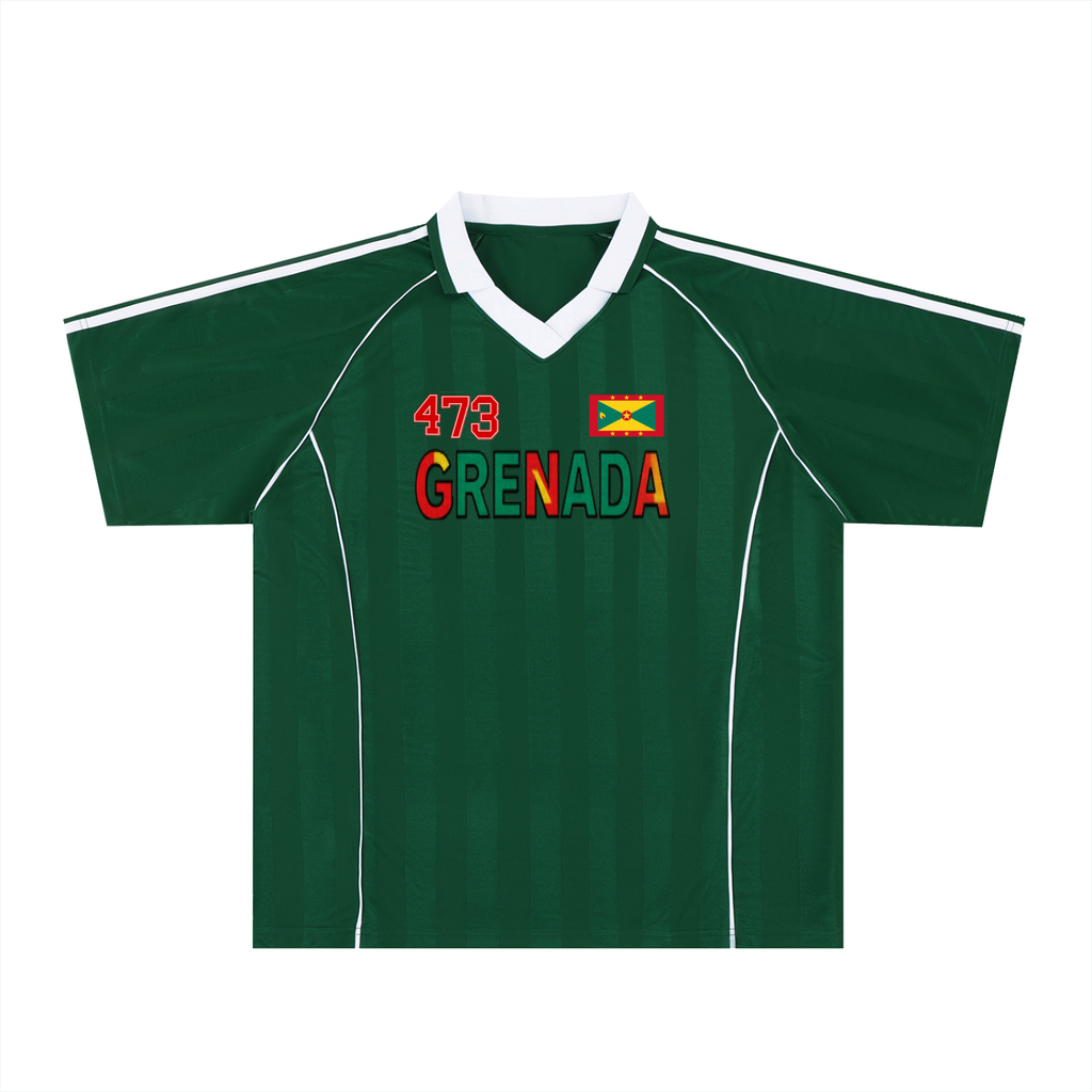 Grenada Flag Themed Graphic Stripe Collared Soccer Jersey
