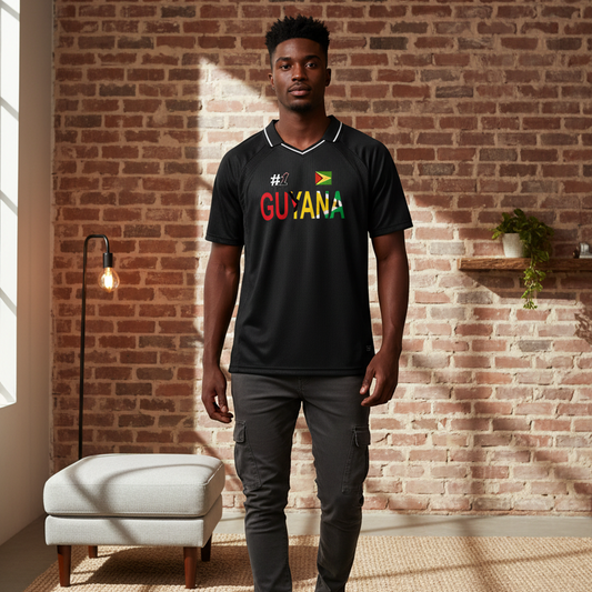 Guyana Flag Themed Unisex Graphic Striped V-Neck Soccer Jersey
