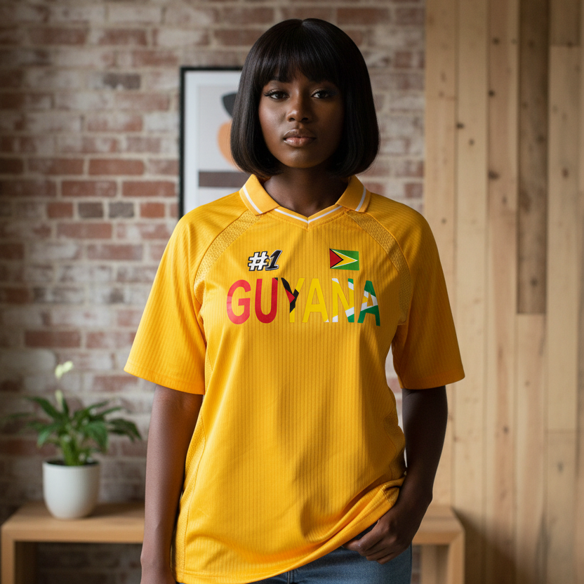 Guyana Flag Themed Unisex Graphic Striped V-Neck Soccer Jersey