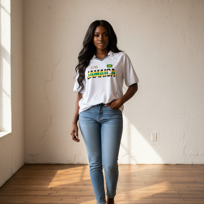 Graphic V-Neck Soccer Jersey Featuring a Jamaican Flag Design