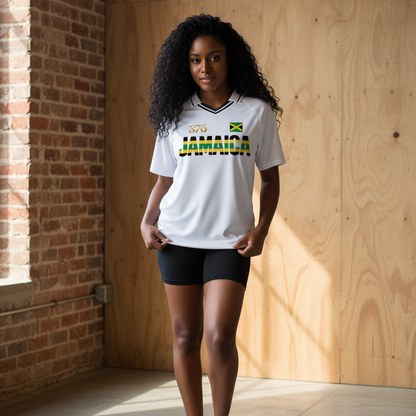 Graphic V-Neck Soccer Jersey Featuring a Jamaican Flag Design