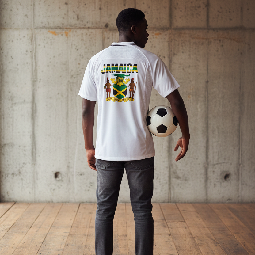 Graphic V-Neck Soccer Jersey Featuring a Jamaican Flag Design