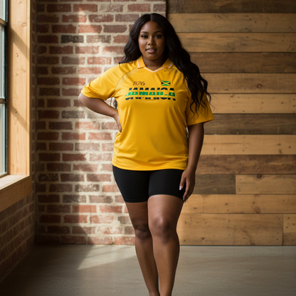 Graphic V-Neck Soccer Jersey Featuring a Jamaican Flag Design