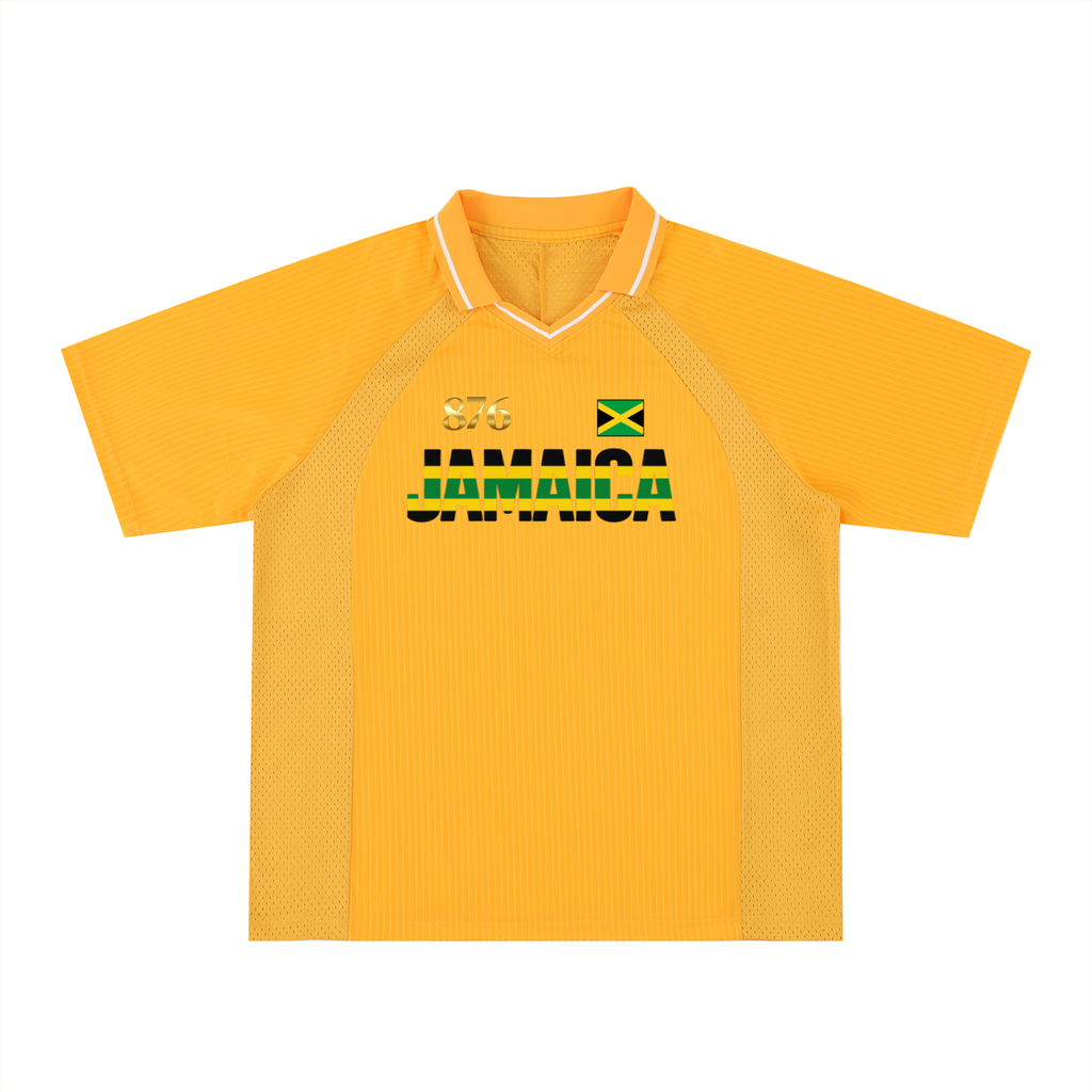 Graphic V-Neck Soccer Jersey Featuring a Jamaican Flag Design