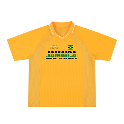 Graphic V-Neck Soccer Jersey Featuring a Jamaican Flag Design