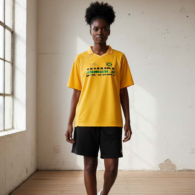 Graphic V-Neck Soccer Jersey Featuring a Jamaican Flag Design