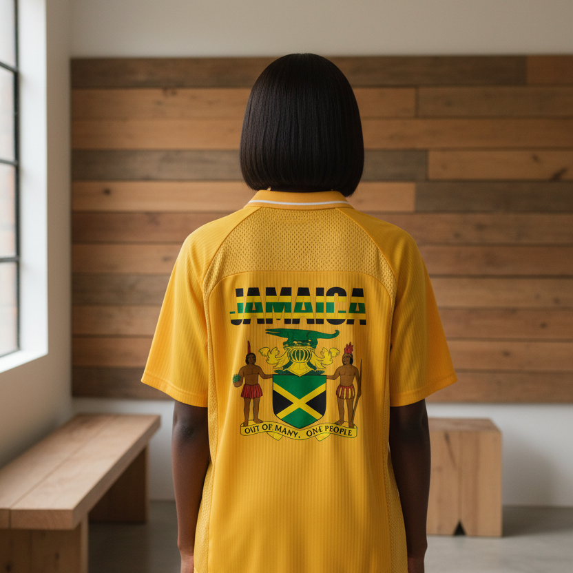 Graphic V-Neck Soccer Jersey Featuring a Jamaican Flag Design