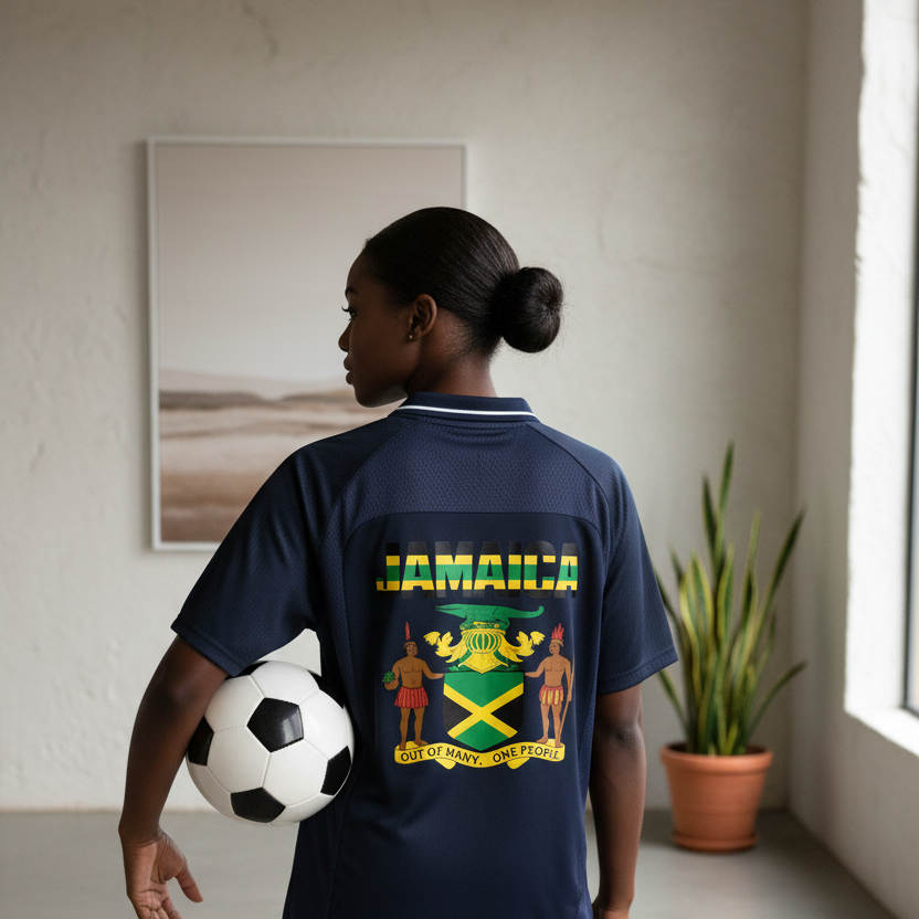 Graphic V-Neck Soccer Jersey Featuring a Jamaican Flag Design