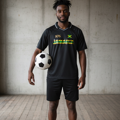 Graphic V-Neck Soccer Jersey Featuring a Jamaican Flag Design