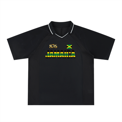 Graphic V-Neck Soccer Jersey Featuring a Jamaican Flag Design