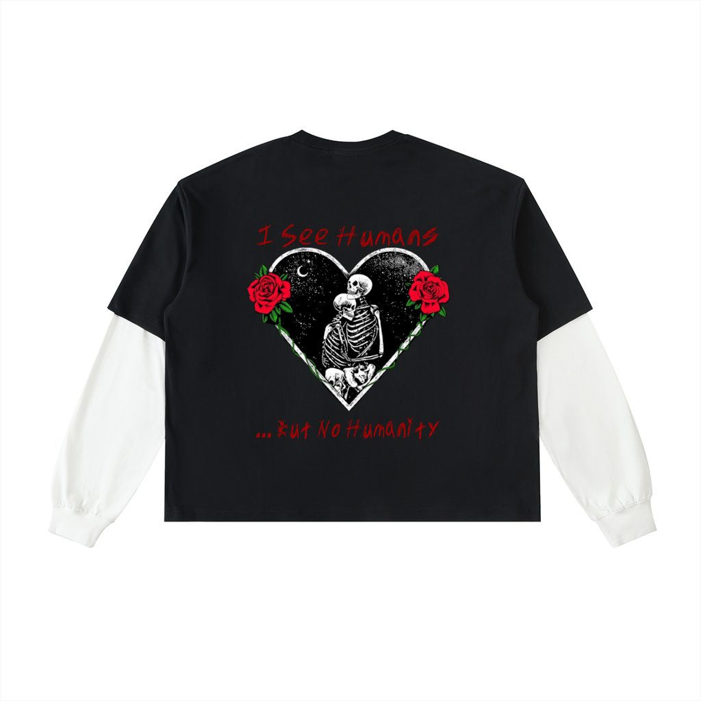 I See Humans Graphic Unisex Layered Contrast Sleeve Cotton T-Shirt