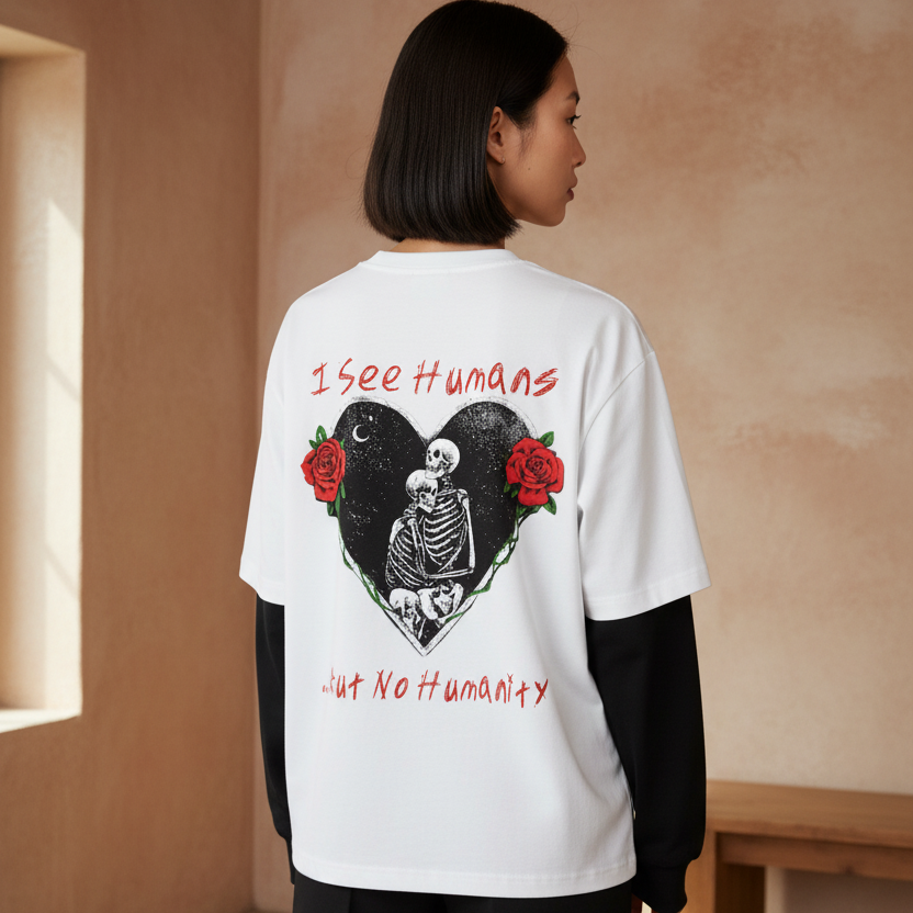 I See Humans Graphic Unisex Layered Contrast Sleeve Cotton T-Shirt
