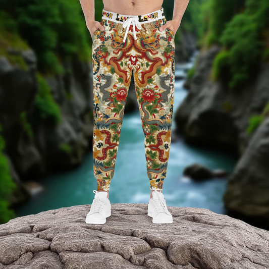 Vibrant Floral Dragon Print Athletic Joggers, Comfortable Unisex Sweatpants