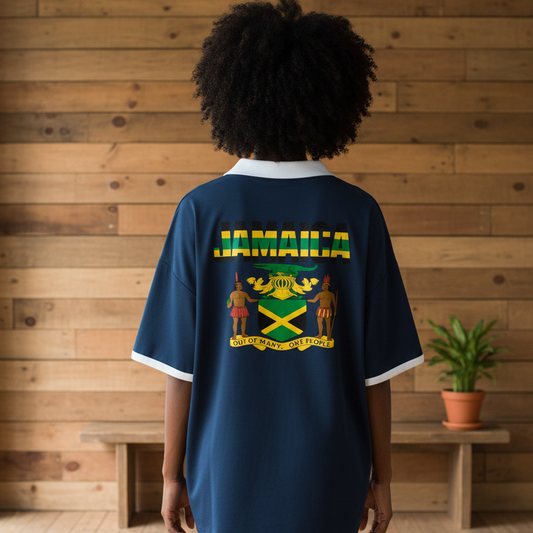 Unisex Boxy Soccer Jersey with Piping in Jamaica Flag Colors