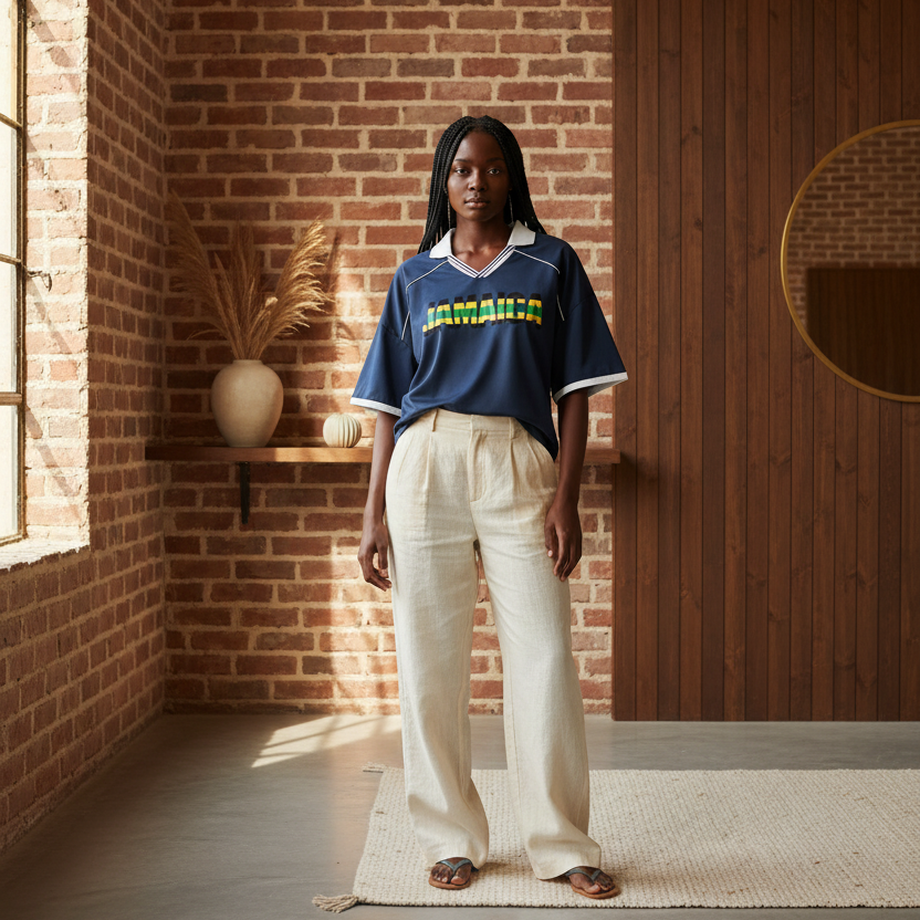Jamaica Flag ThemedUnisex Collared Piping Boxy Soccer Jersey