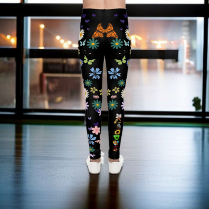 Colorful Floral Youth Leggings - Butterflies & Flowers Design