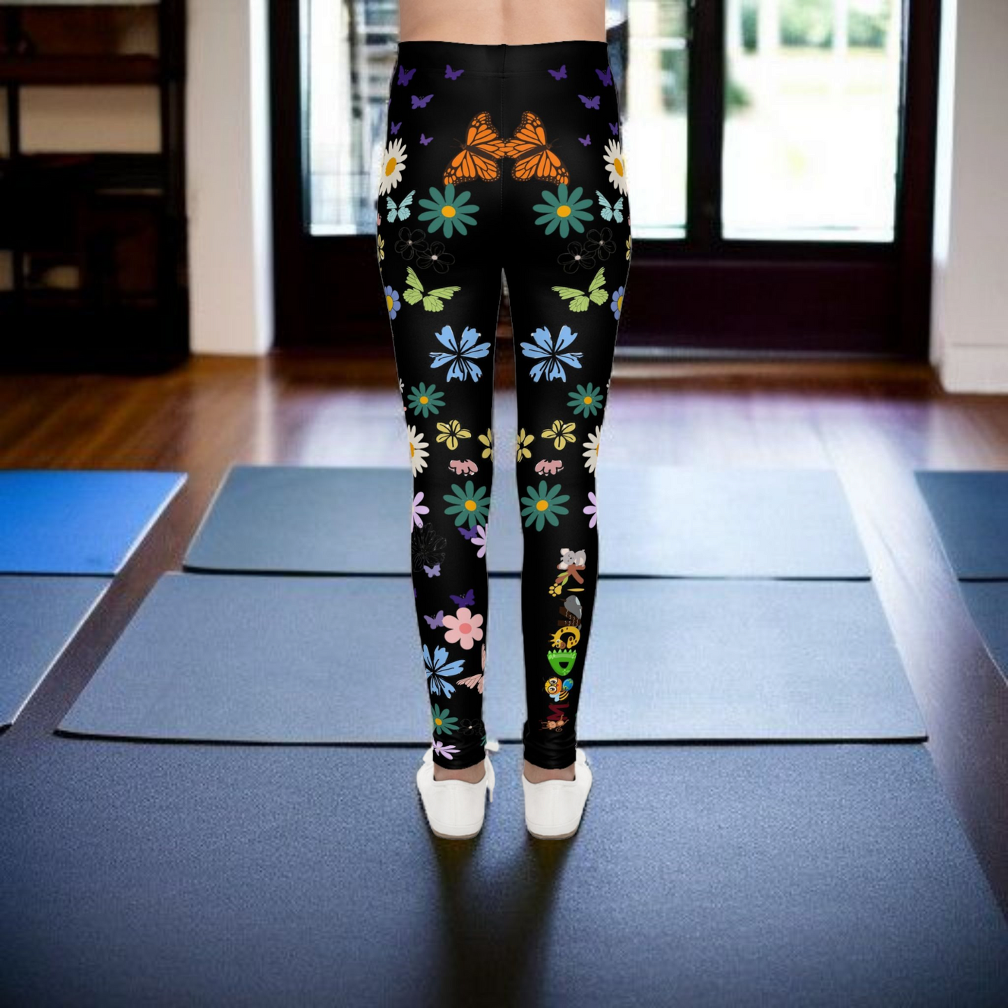 Colorful Floral Youth Leggings - Butterflies & Flowers Design