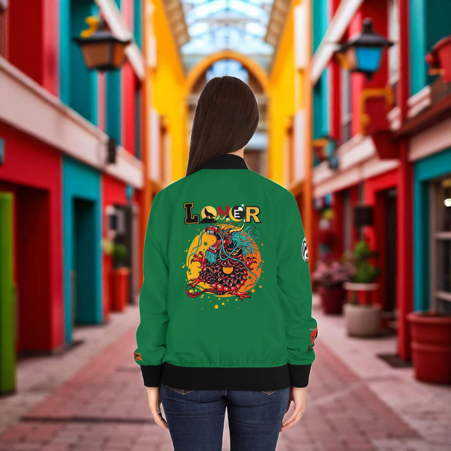 Dragon Graphic Women's Bomber Jacket, Mythical All Over Design, Zip Up Outerwear