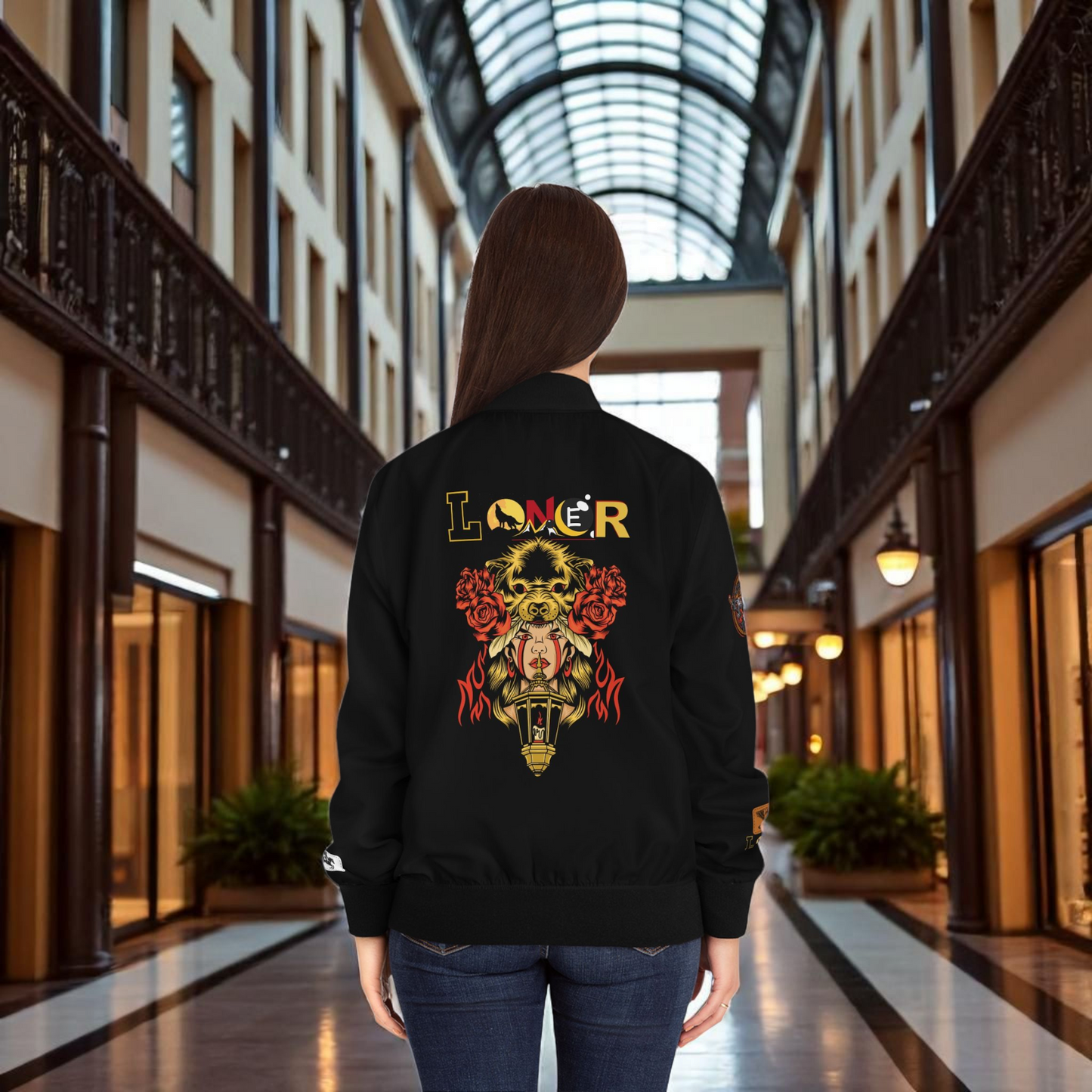 Wolf Themed Women's Bomber Jacket, Illusion Art Graphic Outerwear
