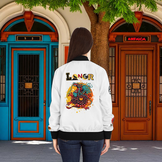 Dragon Graphic Women's Bomber Jacket, Mythical All Over Design, Zip Up Outerwear for Her