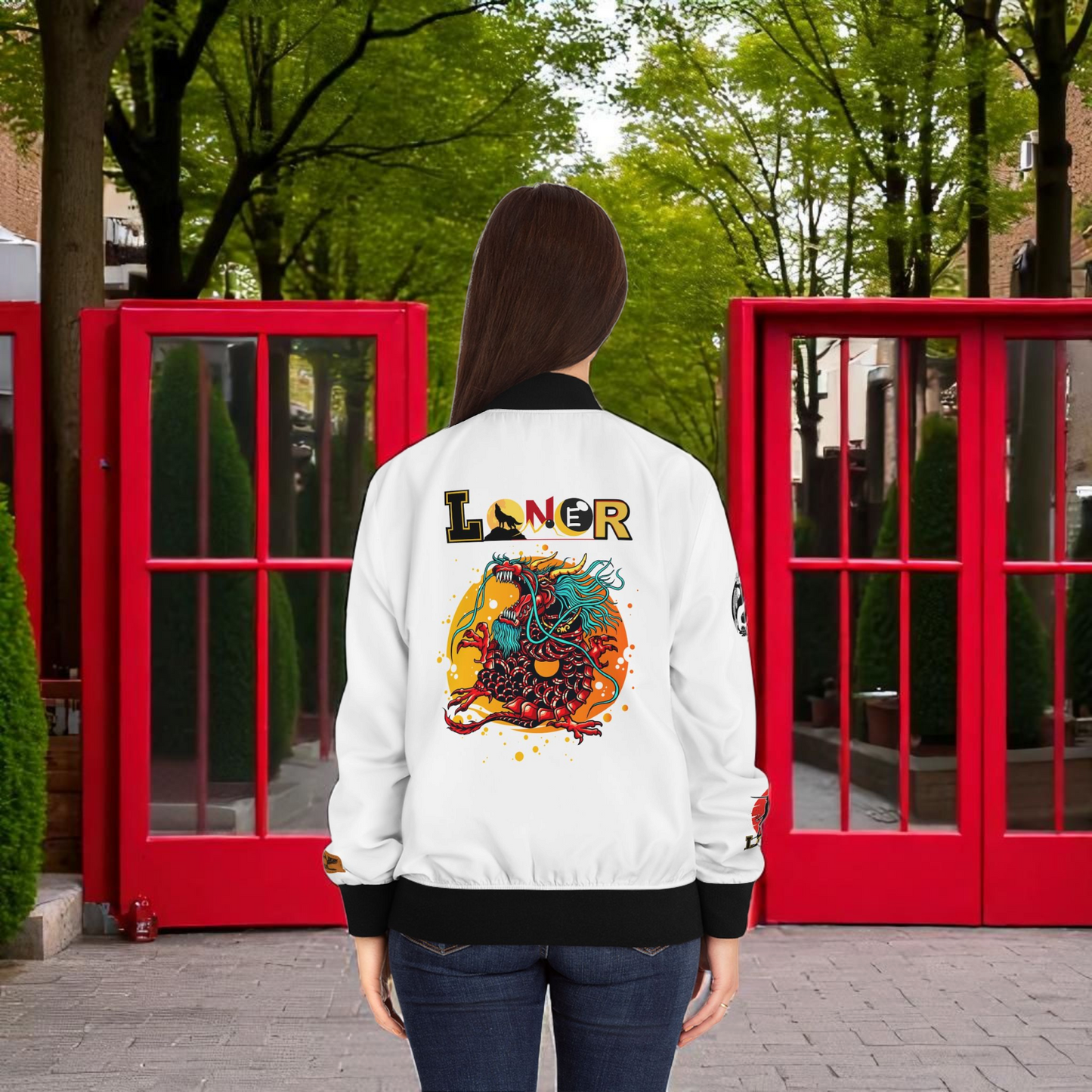 Dragon Graphic Women's Bomber Jacket, Mythical All Over Design, Zip Up Outerwear for Her