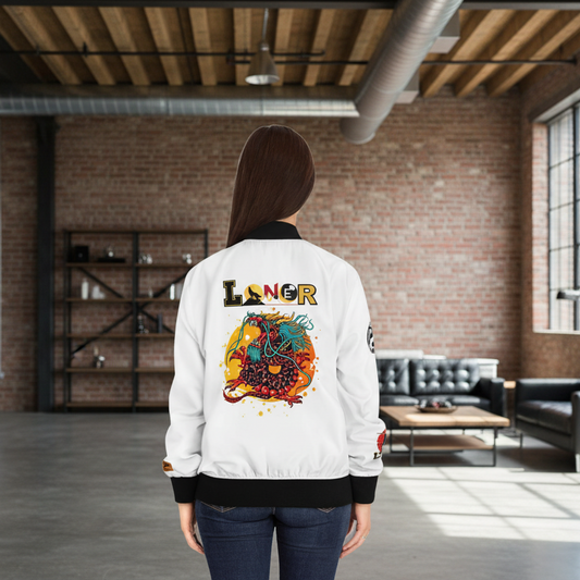 Dragon Graphic Women's Bomber Jacket, Mythical All Over Design, Zip Up Outerwear for Her