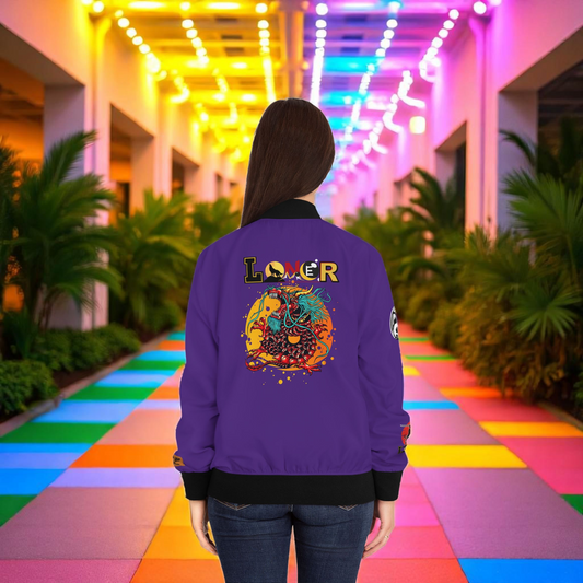 Dragon Graphic Women's Bomber Jacket, Mythical All Over Design