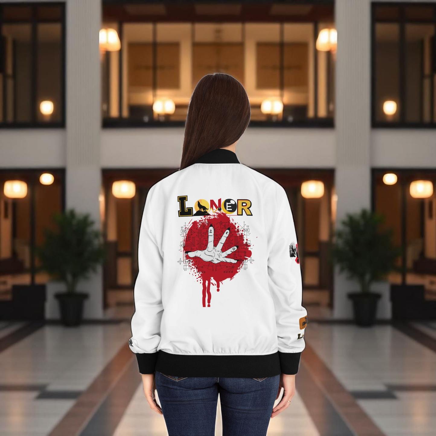 Gothic Bomber Jacket, Graphic Women's Coat, 3D Art Outerwear, Unique Hand Art Jacket