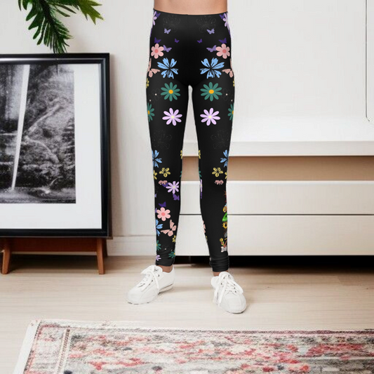 Colorful Floral Youth Leggings - Butterflies & Flowers Design