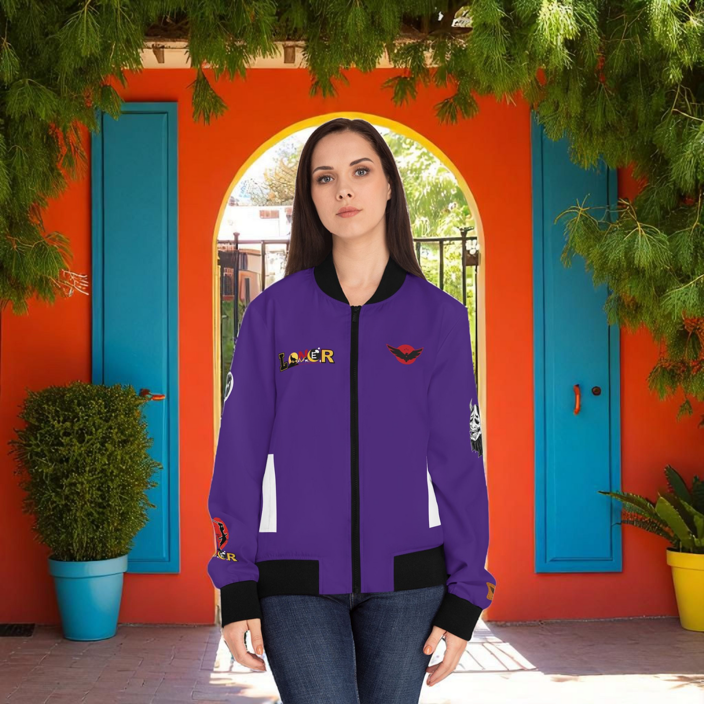 Dragon Graphic Women's Bomber Jacket, Mythical All Over Design